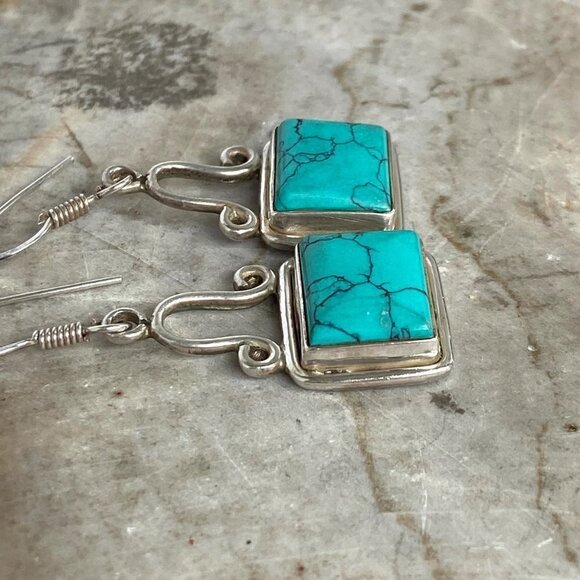 Sterling Silver 925 1.64" Rectangular Bezel Set Faux Turquoise Dangle Earrings - Picture 8 of 16